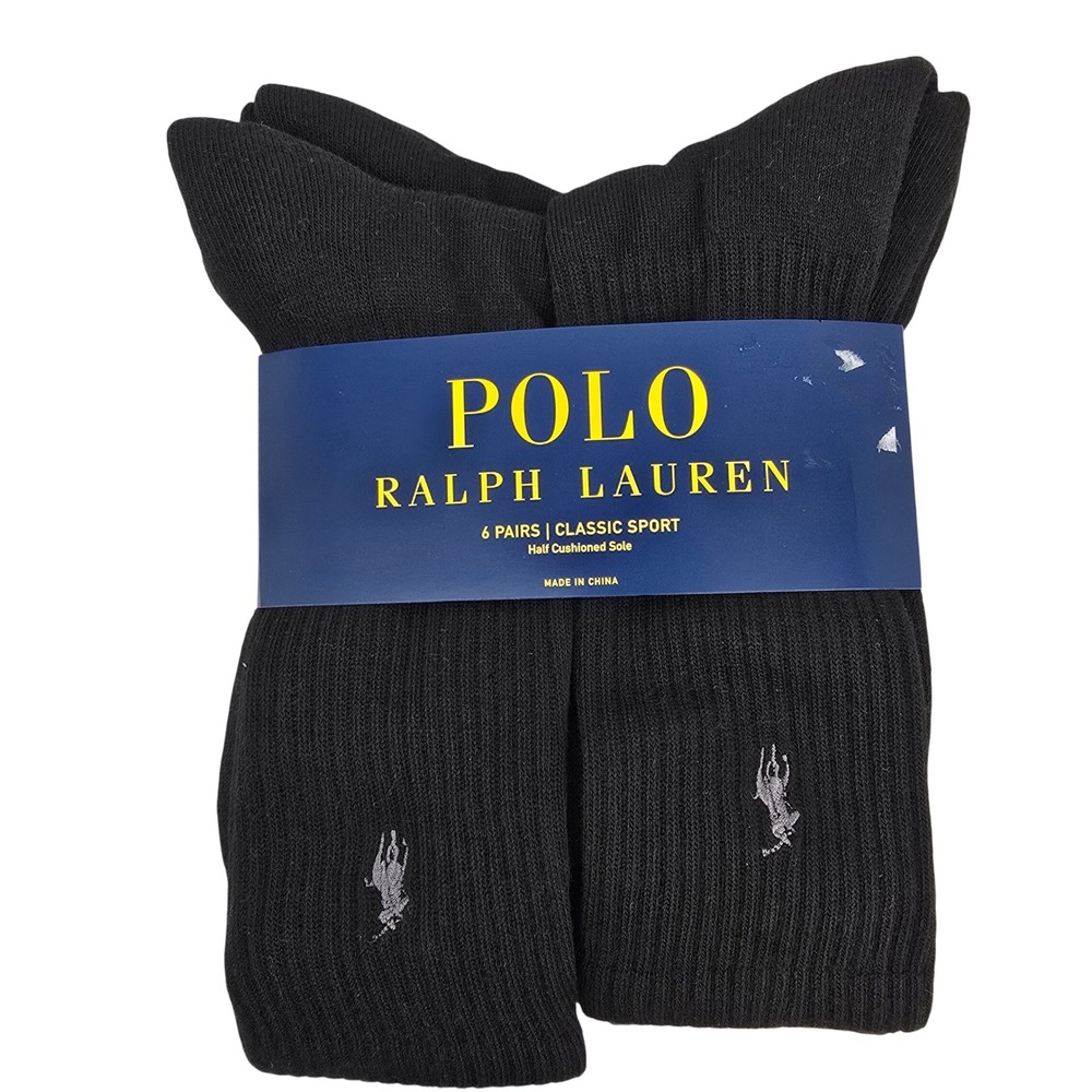 Polo Ralph‎ Lauren Mens 6 Pack Classic Sport Crew Socks Black ZP821005PK6N 10-13